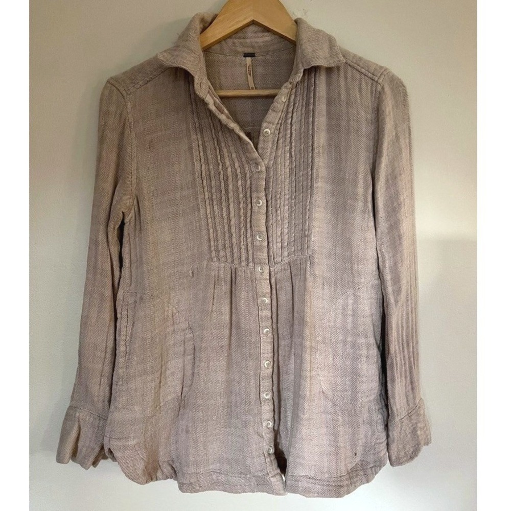 Free People Button Down Shirt Tan XS Good Pintuck Gauze Long Sleeve